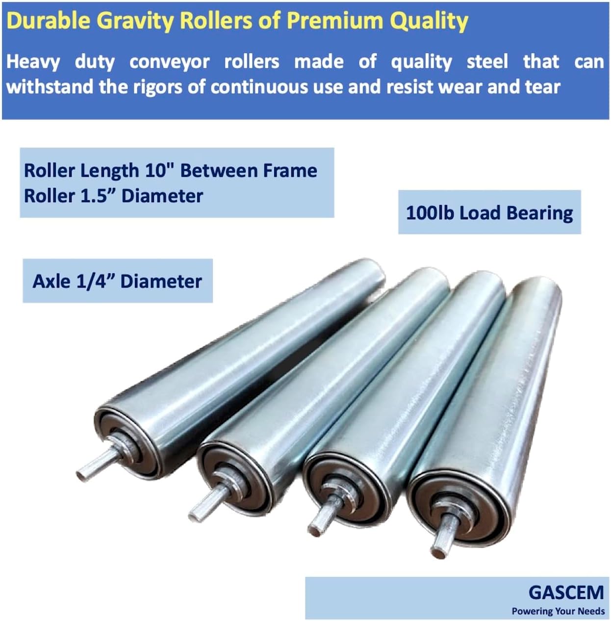 BRAND, CATEGORY, CONVEYOR & SKATE WHEELS, GASCEM, 1.5" Dia 10"BF Length Galvanized Steel Conveyor Roller, Axle Diameter 1/4" I Pack of 4 Conveyor Rollers I Replacement Steel Roller for Rollers Conveyor, Roller Stands for Woodworking, Cat/Dog Fence