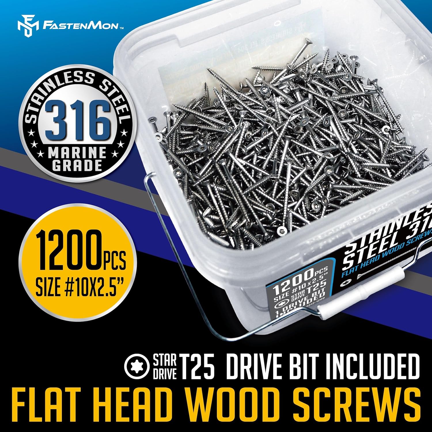 BRAND, CATEGORY, FM FASTENMON, WOOD SCREWS, #10 x 3-1/2" (1200 PCS) Marine Grade Type 316 Stainless Steel Wood Screws with T25 Bit – Torx Flat Head Type 17 Point Ideal for Decks, Fences, and Coastal Construction - Bulk Box