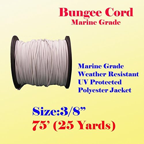 BRAND, BUNGEE CORDS, CATEGORY, MTP, 3/8" X 75 Ft (25 Yard) Premium Marine Grade Bungee Shock Stretch Cord Tarp Tie Down Sailing Cord Uv White (Too Thick for Making face Covering)