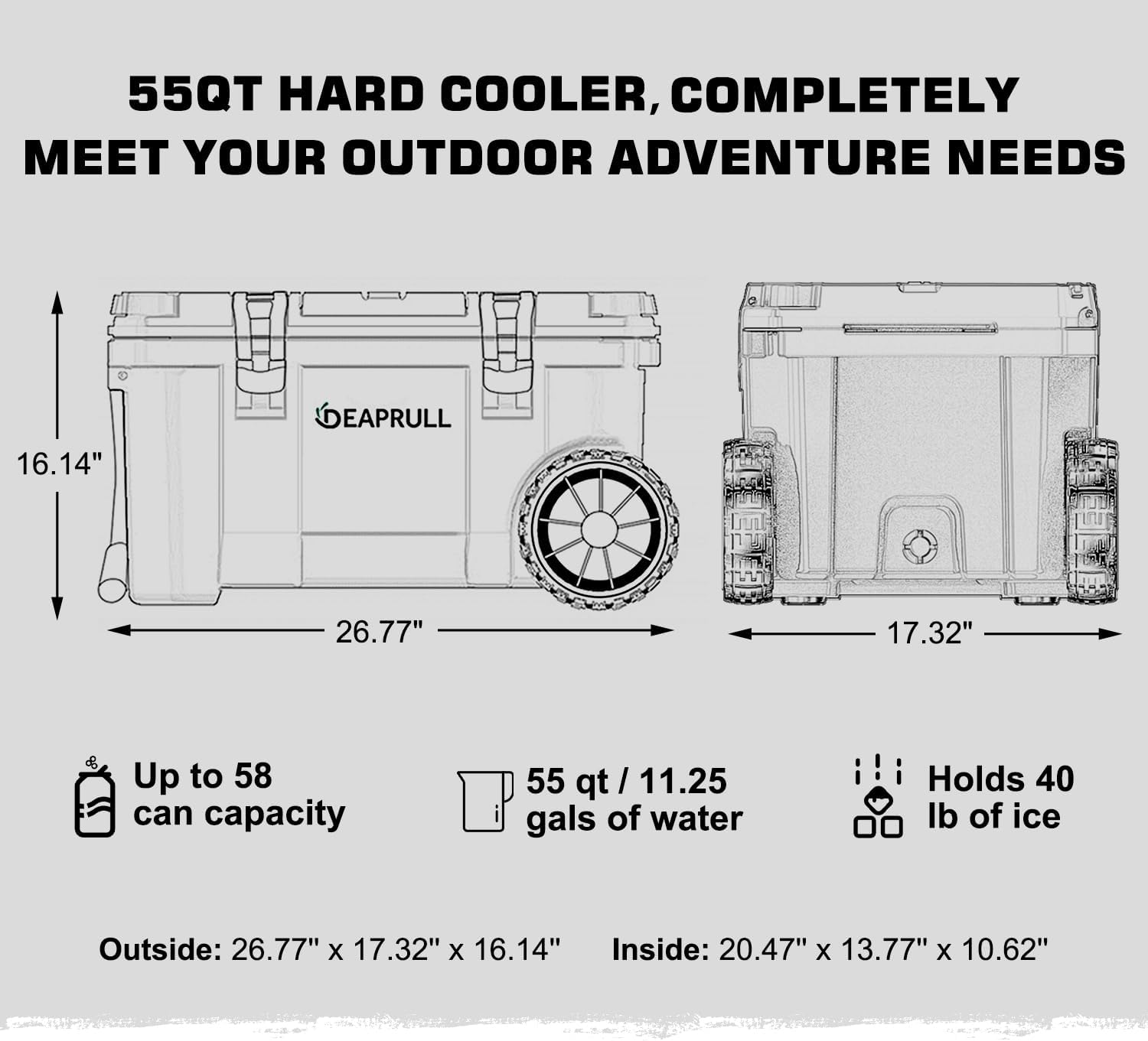 BRAND, CATEGORY, COOLERS, DEAPRULL, 55 Quart Cooler with Wheels, Ice Chests Portable Camping Cooler Holds Ice up to 6 Days, Leak-Proof Outdoor Insulated Cooler with Handle, Cup Holders, Hard Cooler for Camping, Beach, Boat