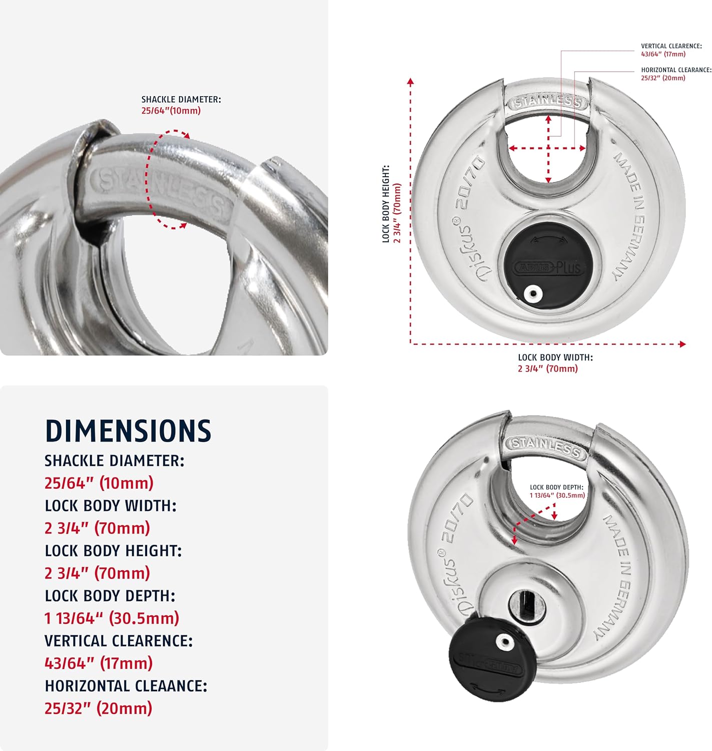 ABUS, BRAND, CATEGORY, KEYED PADLOCKS, ABUS Diskus 20/70 Heavy Duty Stainless Steel Disk Padlock - Rustproof Storage Lock with 3/8" Shackle - Made in Germany - Keyed Different