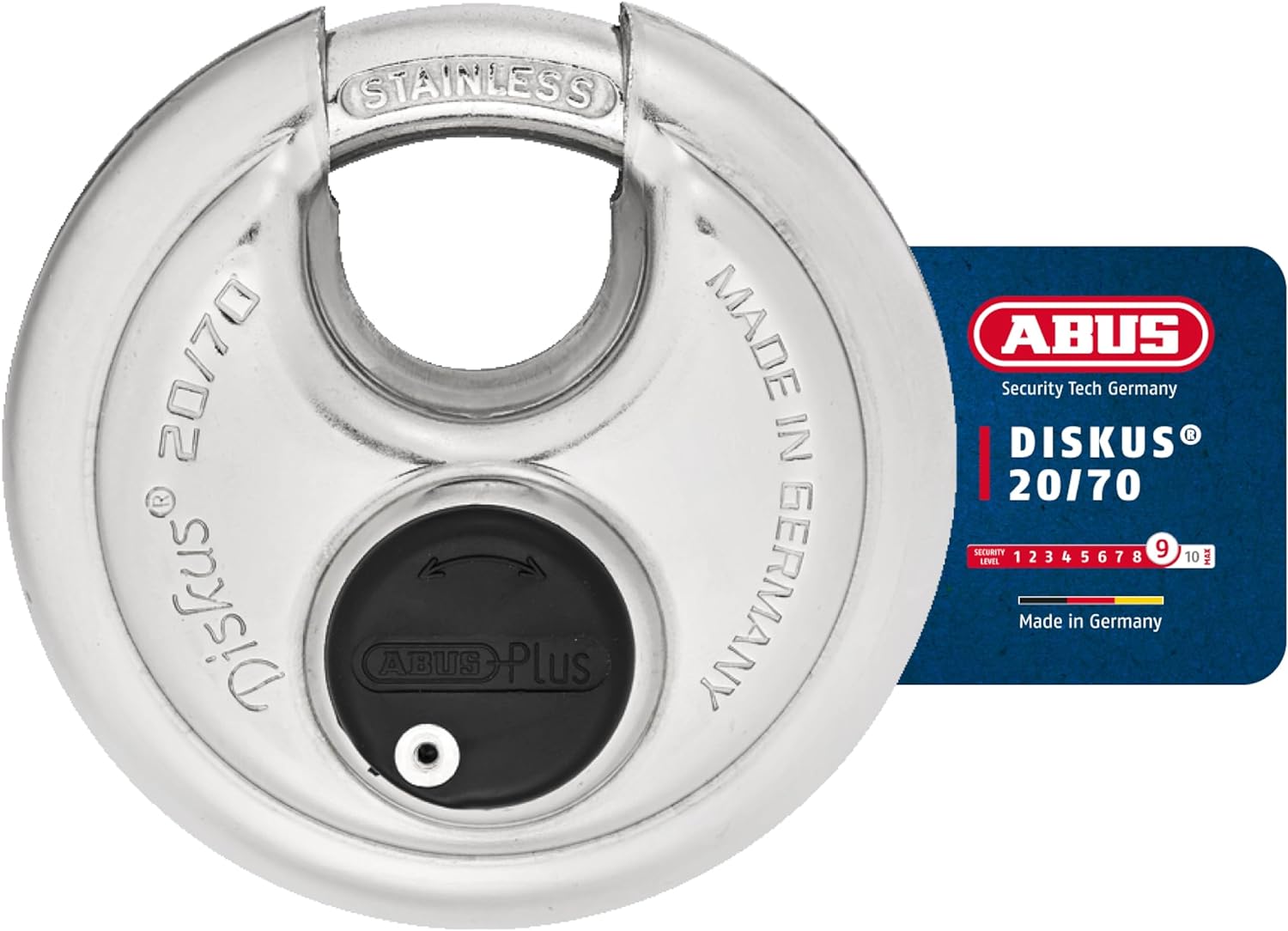 ABUS, BRAND, CATEGORY, KEYED PADLOCKS, ABUS Diskus 20/70 Heavy Duty Stainless Steel Disk Padlock - Rustproof Storage Lock with 3/8" Shackle - Made in Germany - Keyed Different