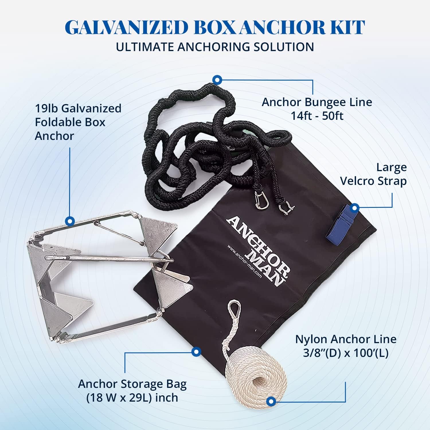 ANCHOR-MAN, ANCHORS, BRAND, CATEGORY, Anchor-Man Box Anchor Kit - Ultimate Boat Anchor Kit, Hot Dipped Galvanized 9 Gauge Steel Boat Anchors for 19'/ 25'+ Boats - Pontoon Boat Anchor Kit Box Size, Large Pontoon Anchor Boat Kit