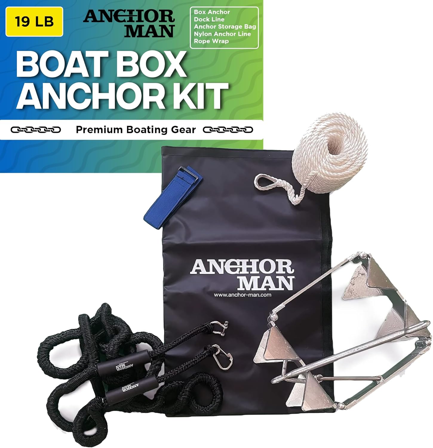 ANCHOR-MAN, ANCHORS, BRAND, CATEGORY, Anchor-Man Box Anchor Kit - Ultimate Boat Anchor Kit, Hot Dipped Galvanized 9 Gauge Steel Boat Anchors for 19'/ 25'+ Boats - Pontoon Boat Anchor Kit Box Size, Large Pontoon Anchor Boat Kit