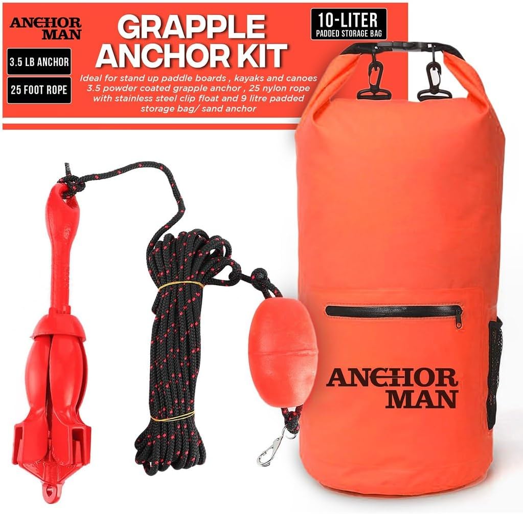 ANCHOR-MAN, ANCHORS, BRAND, CATEGORY, Anchor-Man Grapnel, Navy & Mushroom Anchor - 3.5/8 LB with 25/50ft Rope & PVC-Coated Chain | Kayak Anchor, Paddle Board, Jet Ski Anchor Kit for Boats & Watercraft