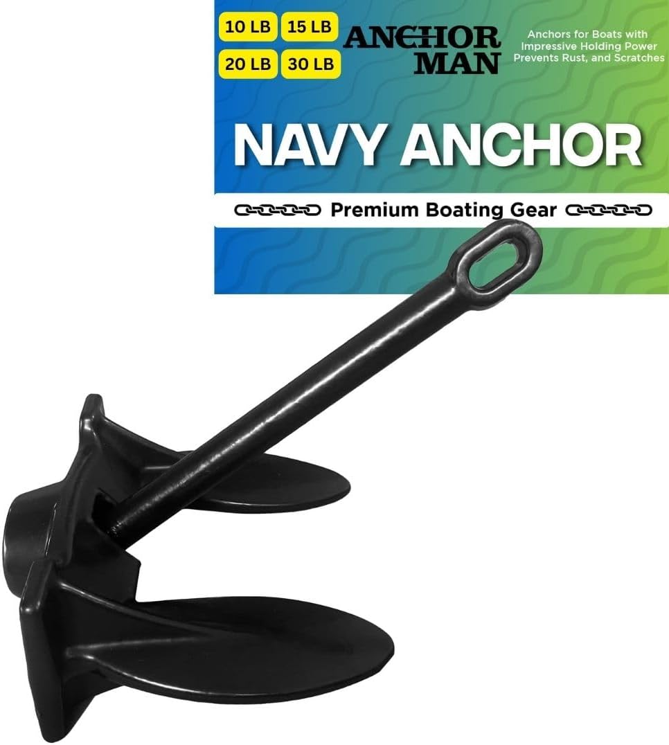 ANCHOR-MAN, ANCHORS, BRAND, CATEGORY, Anchor-Man Navy Anchor (10lb 15lb 20lb 30lb) – Black Vinyl Coated Naval Anchors for Boats with Impressive Holding Power - Prevents Rust, and Scratches