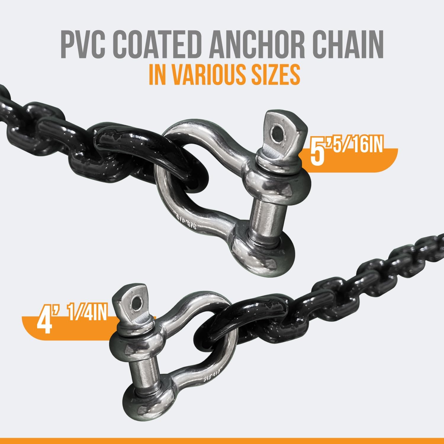 ANCHOR-MAN, ANCHORS, BRAND, CATEGORY, Anchor-Man PVC Coated Boat Anchor Chain with Advanced Stainless Steel Shackles - Perfect Anchor Chains for Boats, Kayaks, and Jet Skis - 2 Sizes (4ft 1/4in, 5ft 5/16in) - Black Coated Anchor Chain