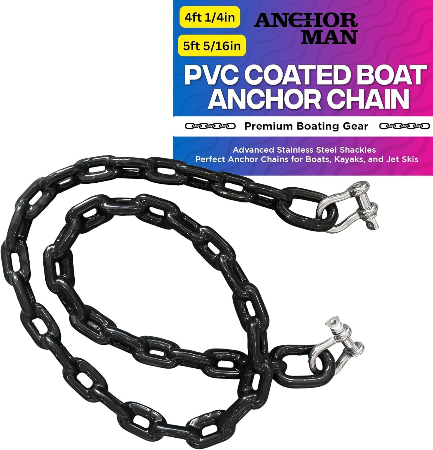 ANCHOR-MAN, ANCHORS, BRAND, CATEGORY, Anchor-Man PVC Coated Boat Anchor Chain with Advanced Stainless Steel Shackles - Perfect Anchor Chains for Boats, Kayaks, and Jet Skis - 2 Sizes (4ft 1/4in, 5ft 5/16in) - Black Coated Anchor Chain