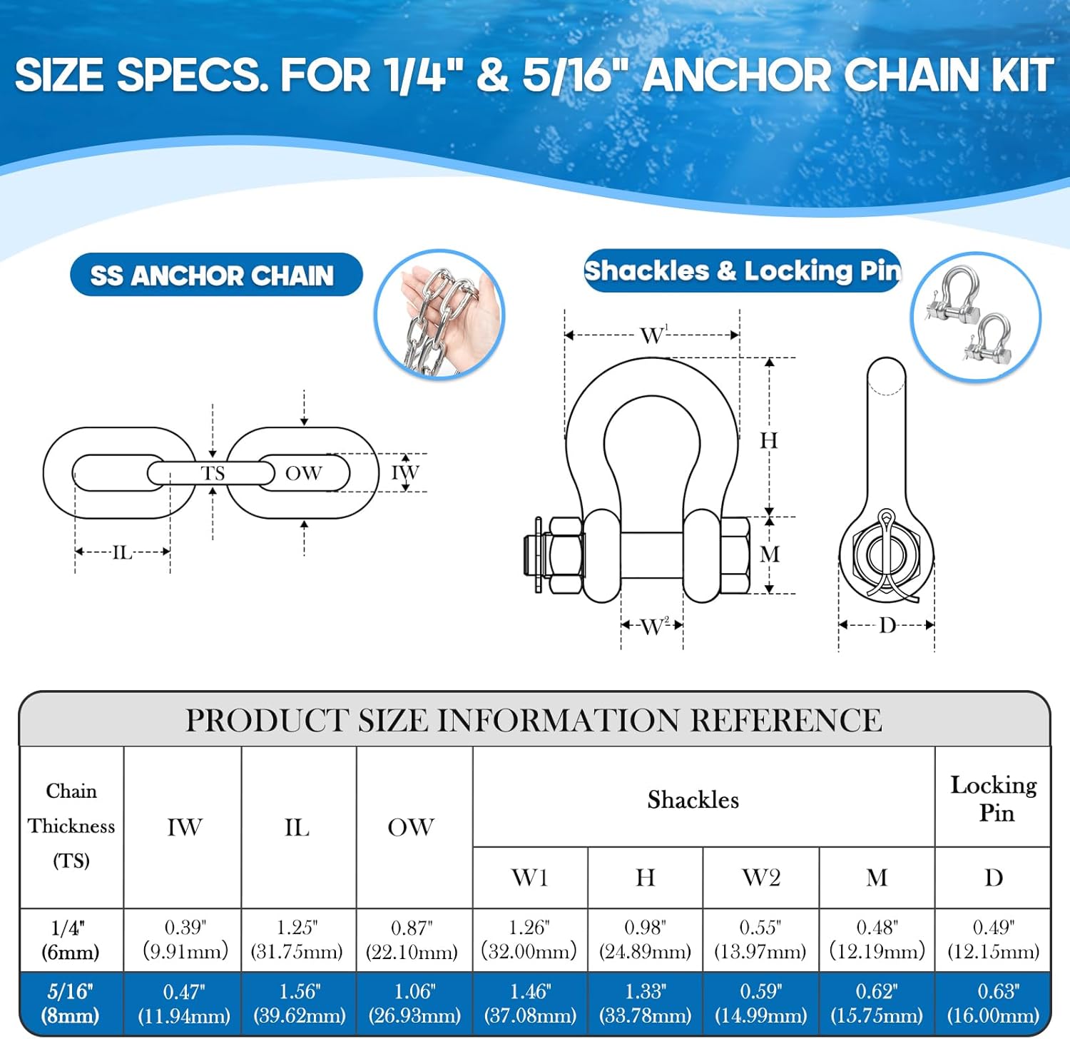 ANCHORS, BRAND, CATEGORY, HANNGER, Boat Anchor Kit, T316 Stainless Steel Marine Grade 1/4" or 5/16" Width Heavy-Duty Anchor Lead Chain with 2 Pcs Anti-Off Double Shackle Link Ends for Boats, Pontoon, Deck, Fishing, and Sail