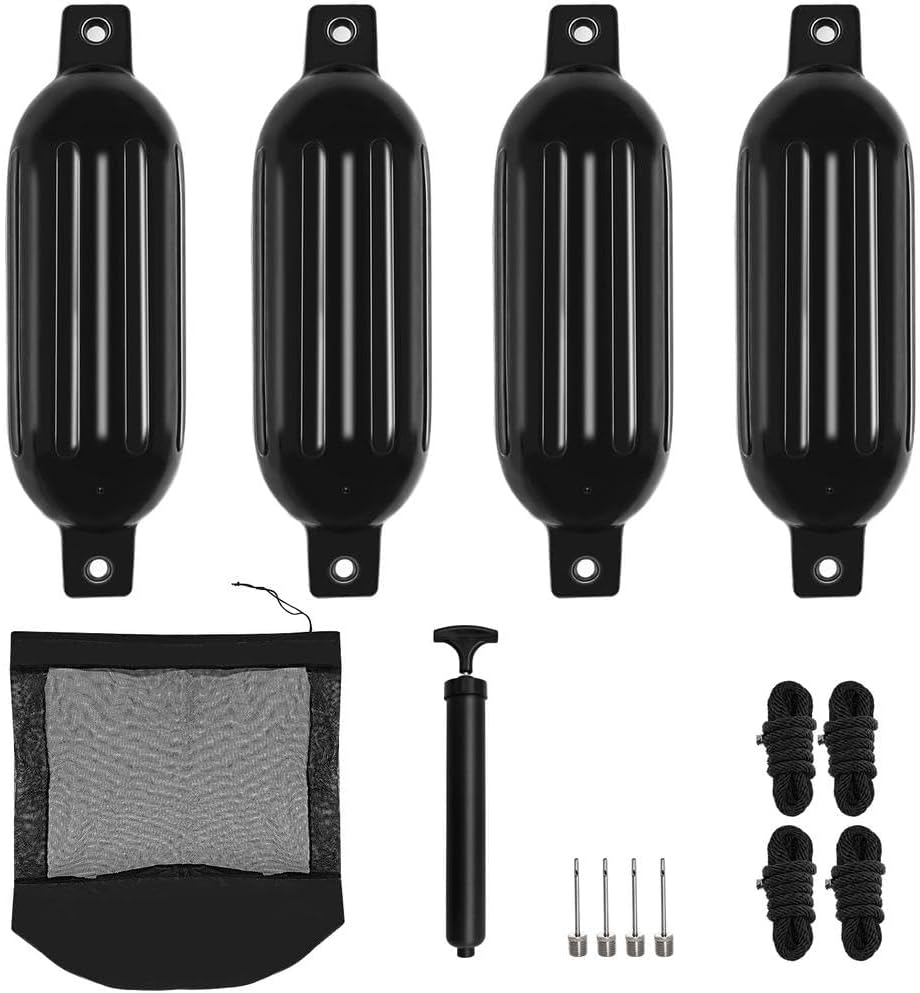 BOAT FENDERS, BRAND, CATEGORY, GDHSWJ, Boat Fenders, Boat Bumpers for Docking 4 Pack Boat Fender 6.5" x 23" Boat Buoys Bumpers with 4 Ropes, 4 Needles and 1 Pump for Pontoon Boat Speed Boats Sail Boat Docks,Black