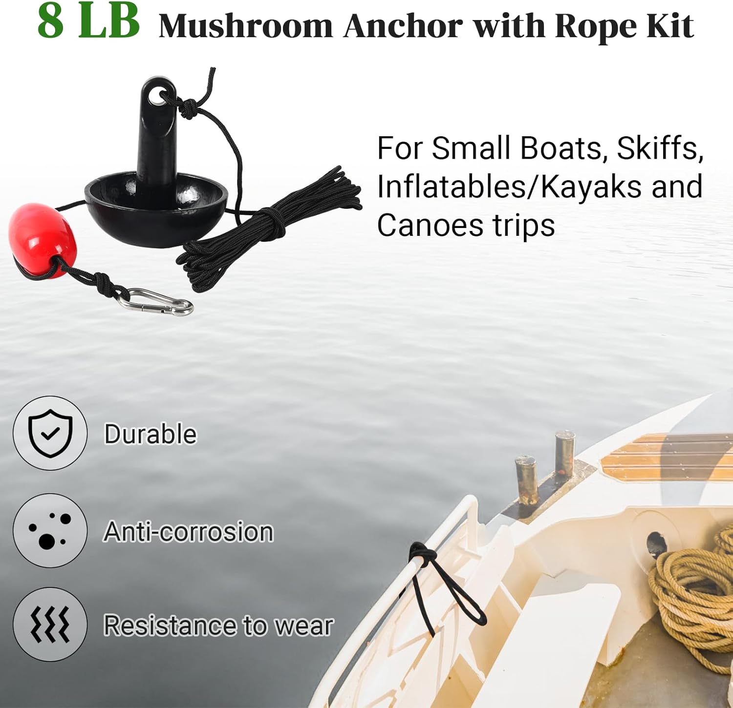 ANCHORS, BRAND, CALPALMY, CATEGORY, CALPALMY Mushroom Boat Anchor Kit - 8 lb Mushroom Anchor with Rope Kit for Small Boats, Skiffs, Inflatables/Kayaks and Canoes Trips- 32ft Marine Rope with Marker Buoy Red - Ideal for Water Sports