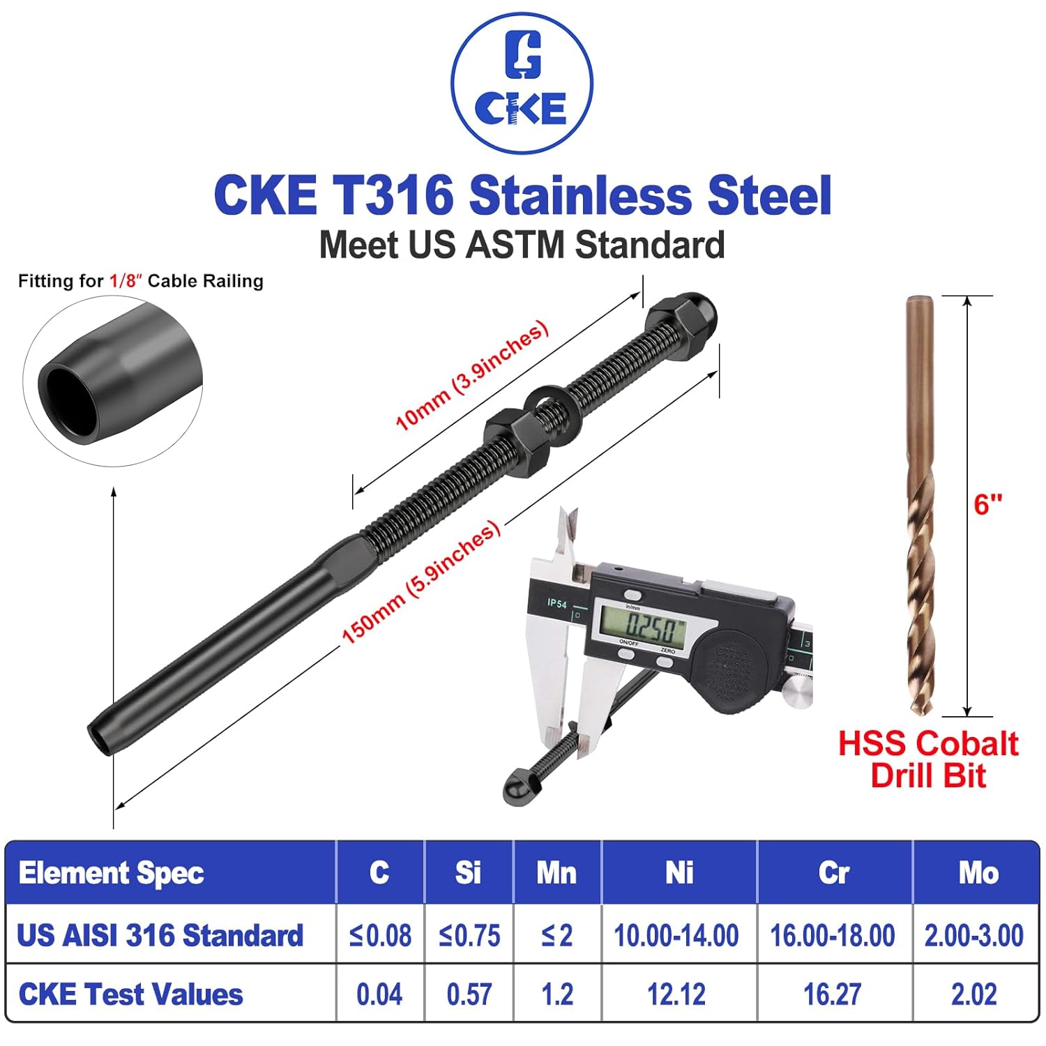 BRAND, CATEGORY, CKE, RAILINGS, CKE Black 1/8" Cable Railing Swage Threaded Stud Tension End Fitting Terminal, 50Pack 1/8" Cable Railing Hardware, T316 Black Cable Railing Tensioner, Swage Threaded Terminal for 4"x4" Wood/Metal Post