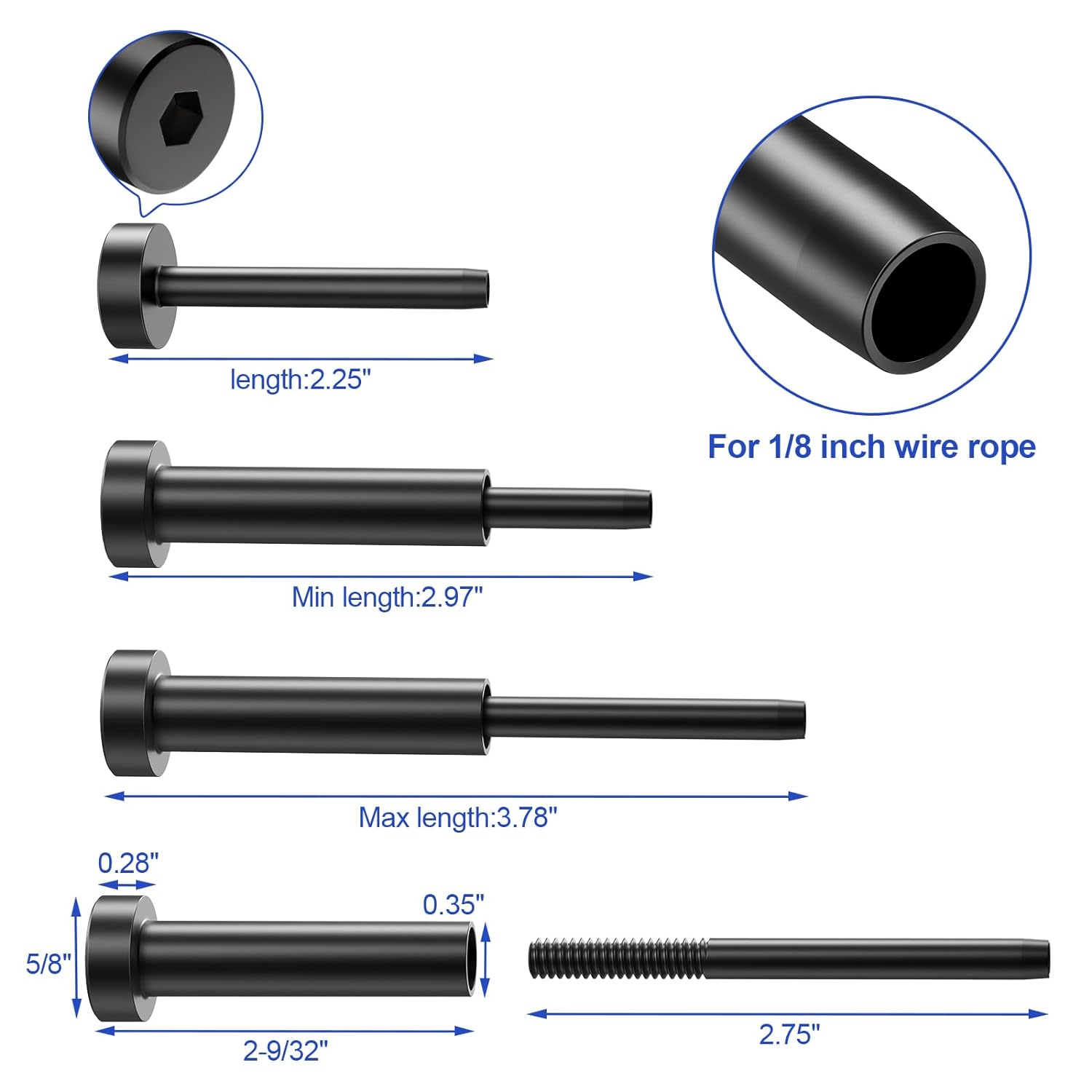 BRAND, CATEGORY, CKE, RAILINGS, CKE10 Pairs Black Invisible Cable Railing kit 1/8" Swage Tensioner Hardware and Terminal Hidden T316 Stainless Steel Invisible Receiver and Swage Stud End for 2"x2" 4"x4" Wood/Metal Post Deck Stairs