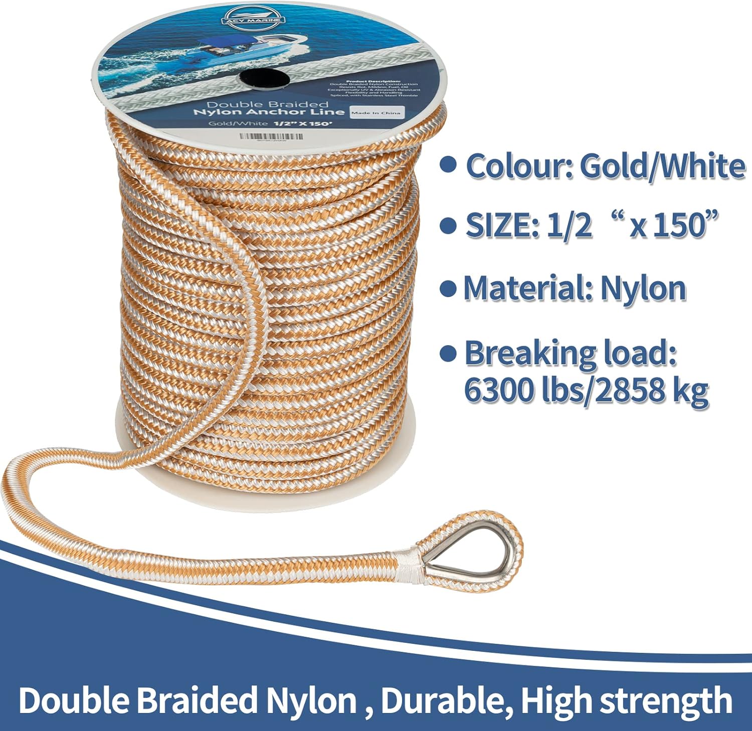 ACY MARINE, BRAND, CATEGORY, DOCK LINES & ROPE, Double Braided Nylon Anchor Line with Stainless Thimble