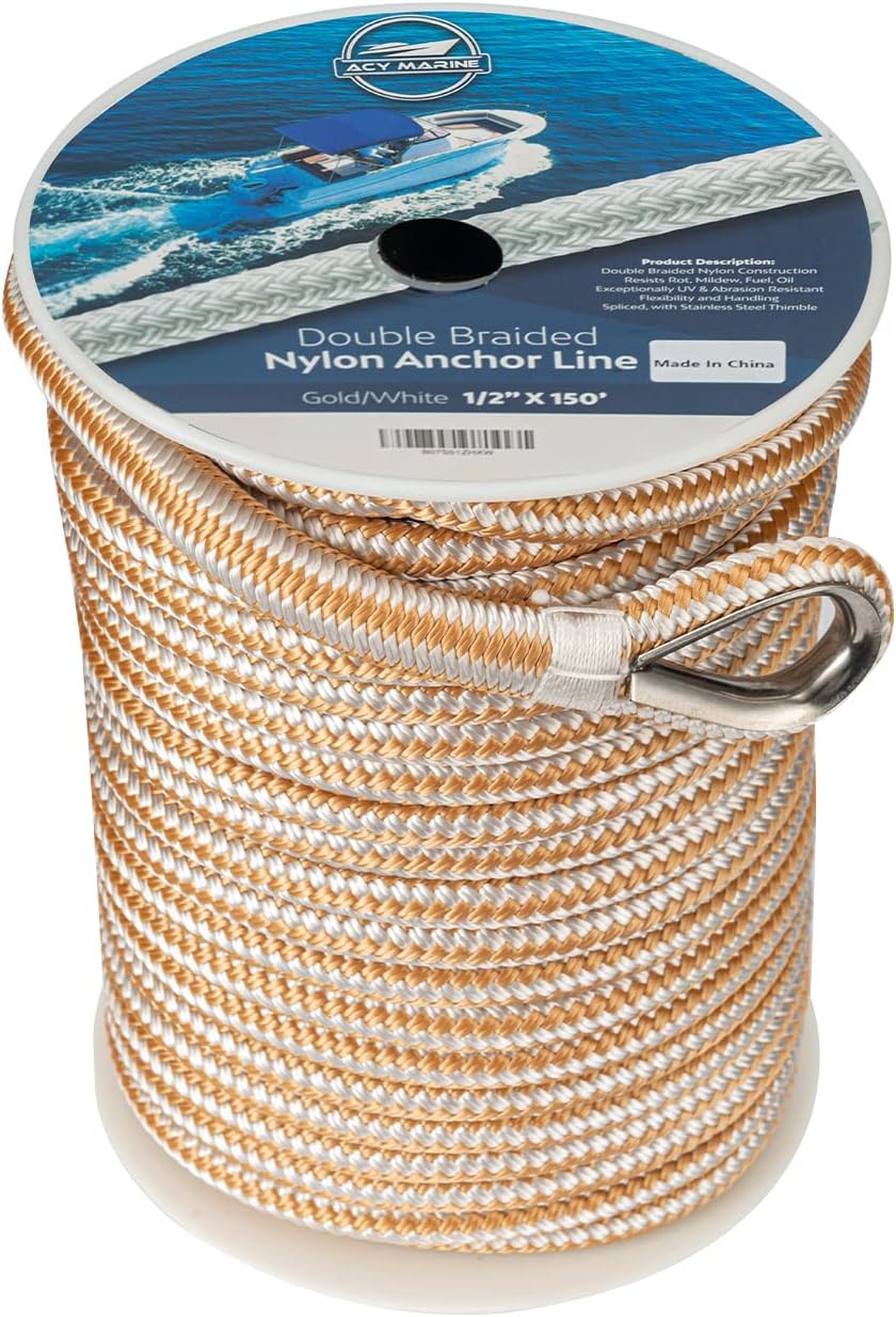 ACY MARINE, BRAND, CATEGORY, DOCK LINES & ROPE, Double Braided Nylon Anchor Line with Stainless Thimble