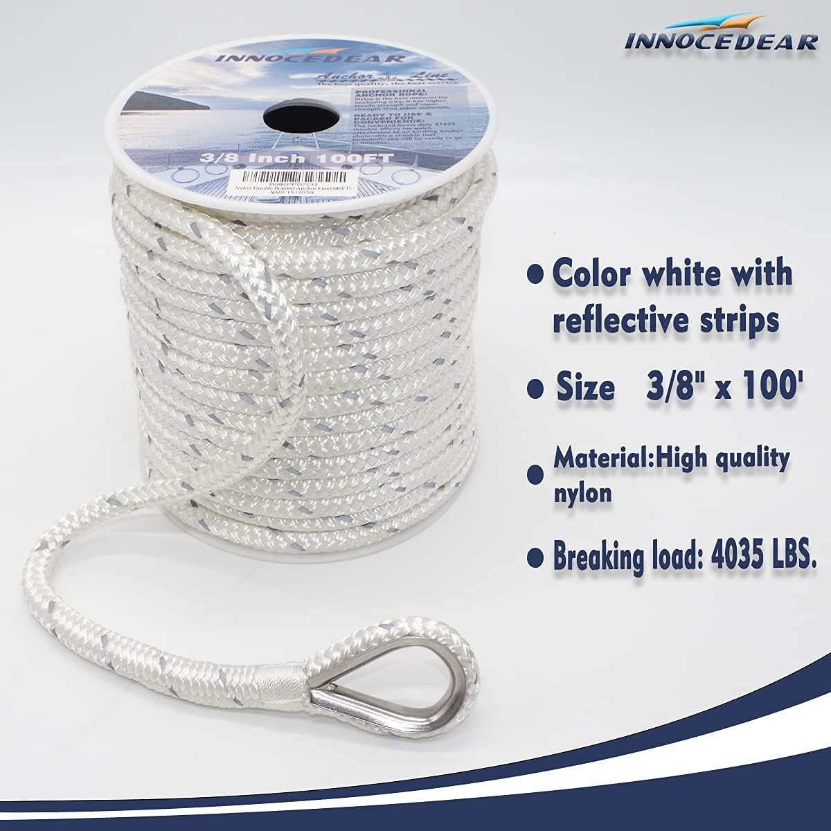 BRAND, CATEGORY, DOCK LINES & ROPE, INNOCEDEAR, Double Braided Nylon Anchor Rope(White Reflective, 3/8" x 100',1/2" 150') Anchor Line/Boat Anchor Rope with Stainless Steel Thimble, Quality Marine Rope, Boat Accessories…