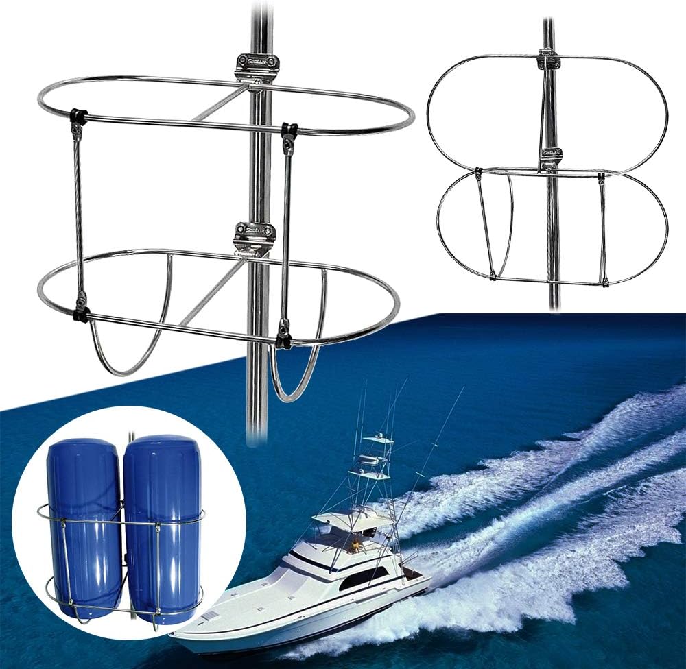 BOAT FENDERS, BRAND, CATEGORY, PROMOTOR, Stainless-Steel Double Fender Holder Rack for Boat Fenders (Fit for 7''/9''/11'' Diameter Boat Fender; Standard 7/8" and 1" Rail)