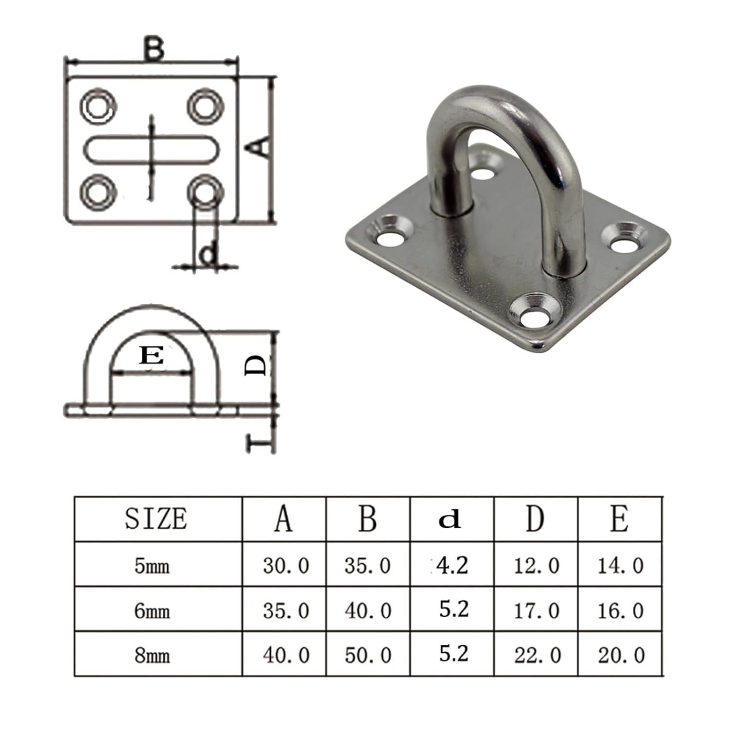 BRAND, CATEGORY, EYEBOLTS, PULAIF, Eye Screws,1pc 316 Stainless Steel 5mm Square Pad Eye Plate Hook Ceiling Wall Boating Yacht Marine Hardwares