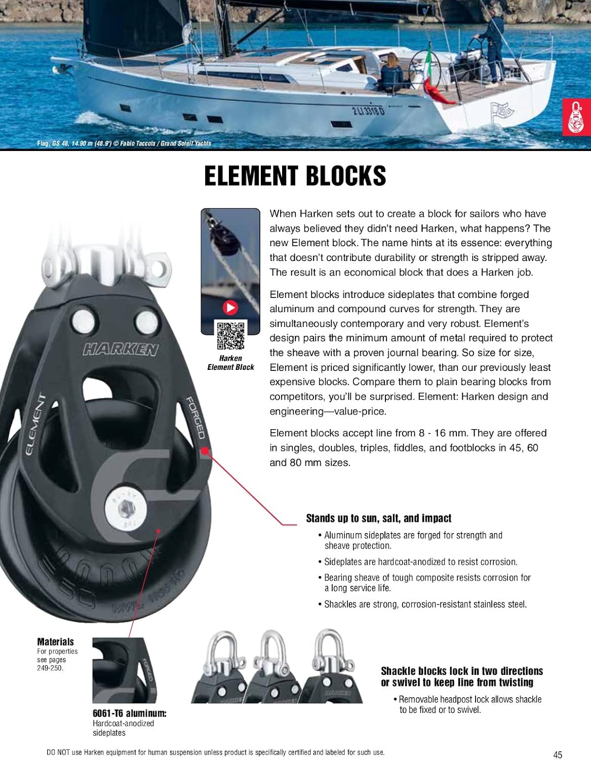 BRAND, CATEGORY, HARDWARE, HARKEN, HARKEN Premium Sailing 45mm Single Element Swivel Boat Block w/Becket, 45mm, Part 6231