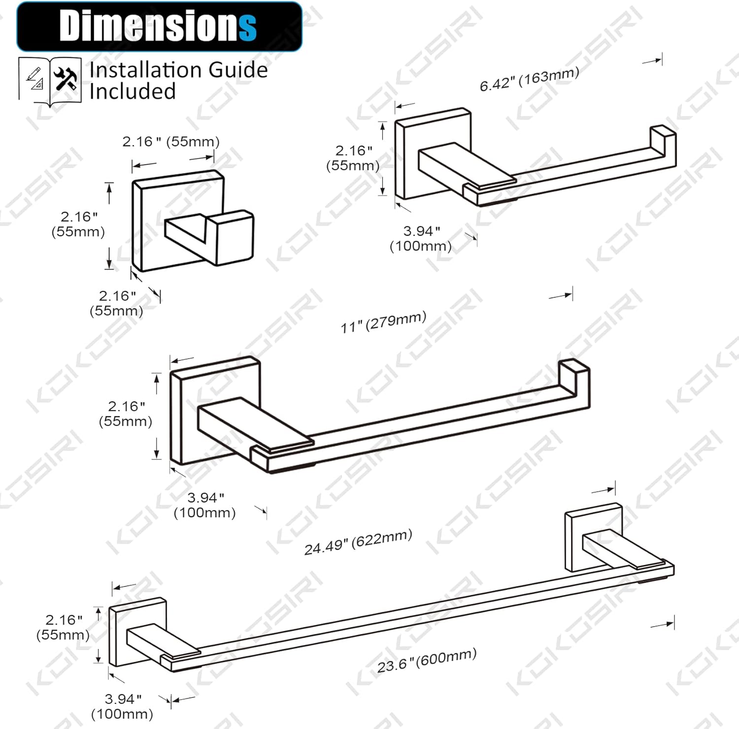 BRAND, CATEGORY, KOKOSIRI, TOWEL BARS, KOKOSIRI Bathroom Hardware Set 5-Piece Bath Accessories Included 24-Inch Towel Bar Towel Holder Toilet Roll Holder Robe Hooks Matte Black Stainless Steel B12A5-BK