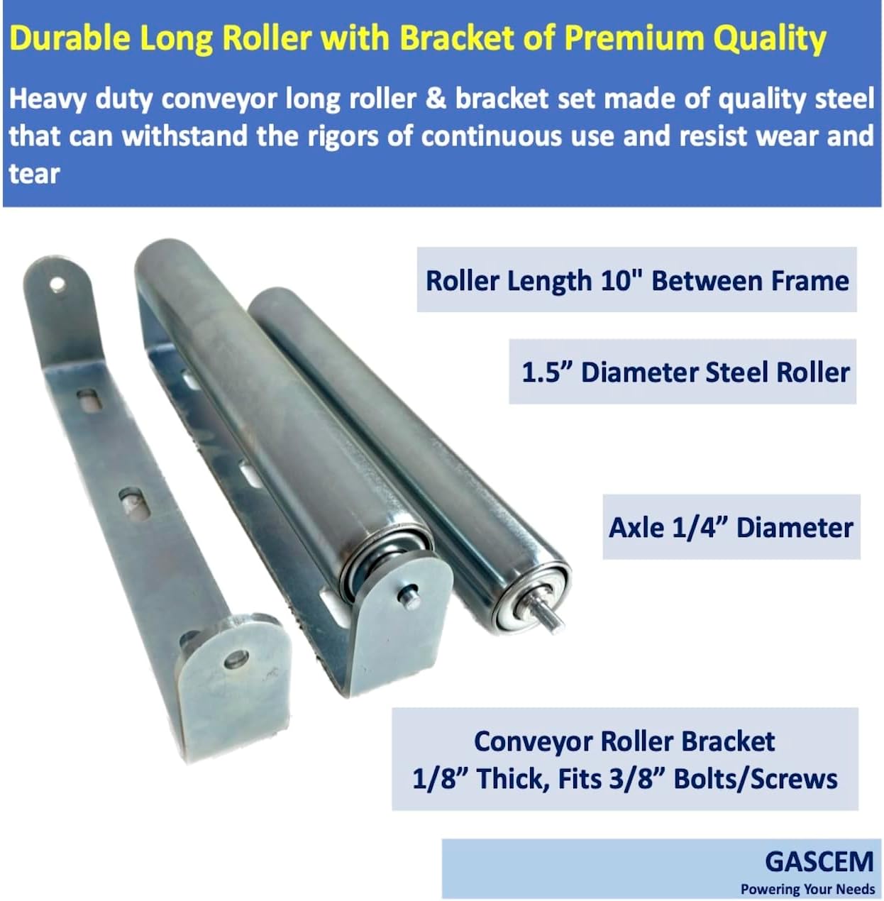 BRACKETS, BRAND, CATEGORY, GASCEM, Long Roller with Bracket Set | 16" Length, 1.5" Diameter Conveyor Rollers | Galvanized Steel | Versatile Support for Roller Stands, Woodworking, and Roller Conveyors | Pack of 2