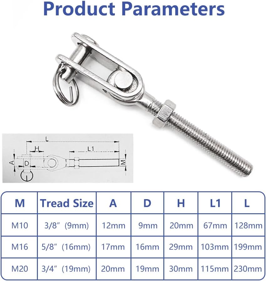 BRAND, CATEGORY, DECK HARDWARE, HWIMARINE, Marine T-Bolt Toggle Jaw with Stud 3/8" LH, Boat Closed Body Turnbuckle Swage, M10 Thread, 1 PCS