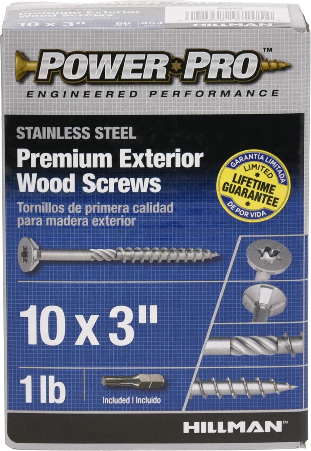 BRAND, CATEGORY, HILLMAN, WOOD SCREWS, Power Pro 48628 Wood Screws, #10 x 3", Premium Stainless Marine Screws, Rust Resistant , Stainless Steel, 5lb Tub, 330 pcs