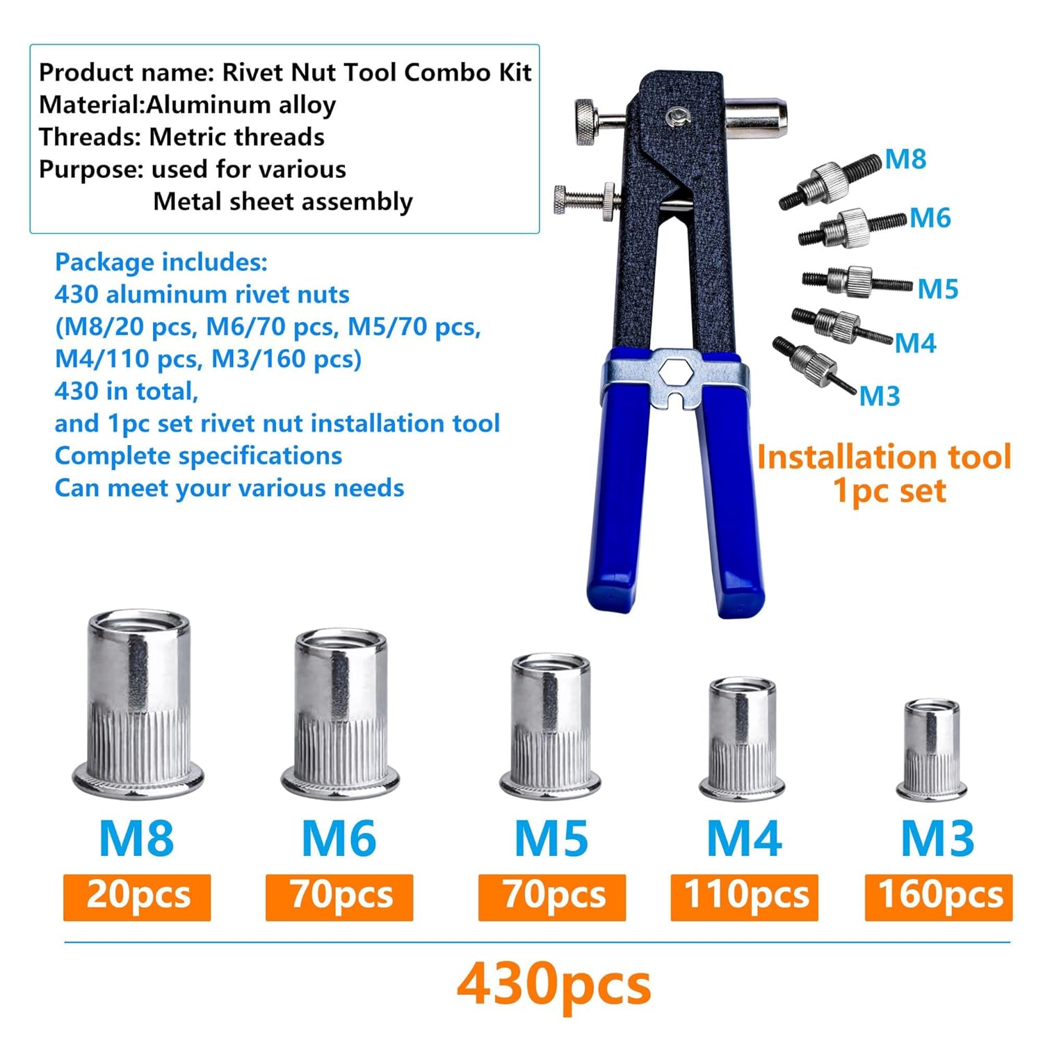 ASKWAY, BRAND, CATEGORY, RIVET NUTS, Pressure Rivet Nut Tool Kit, 430Pcs Metric Rivet Nut Combination (M8/M6/M5/M4/M3), Suitable for Furniture, Decoration, Automotive, Marine and Industrial Applications