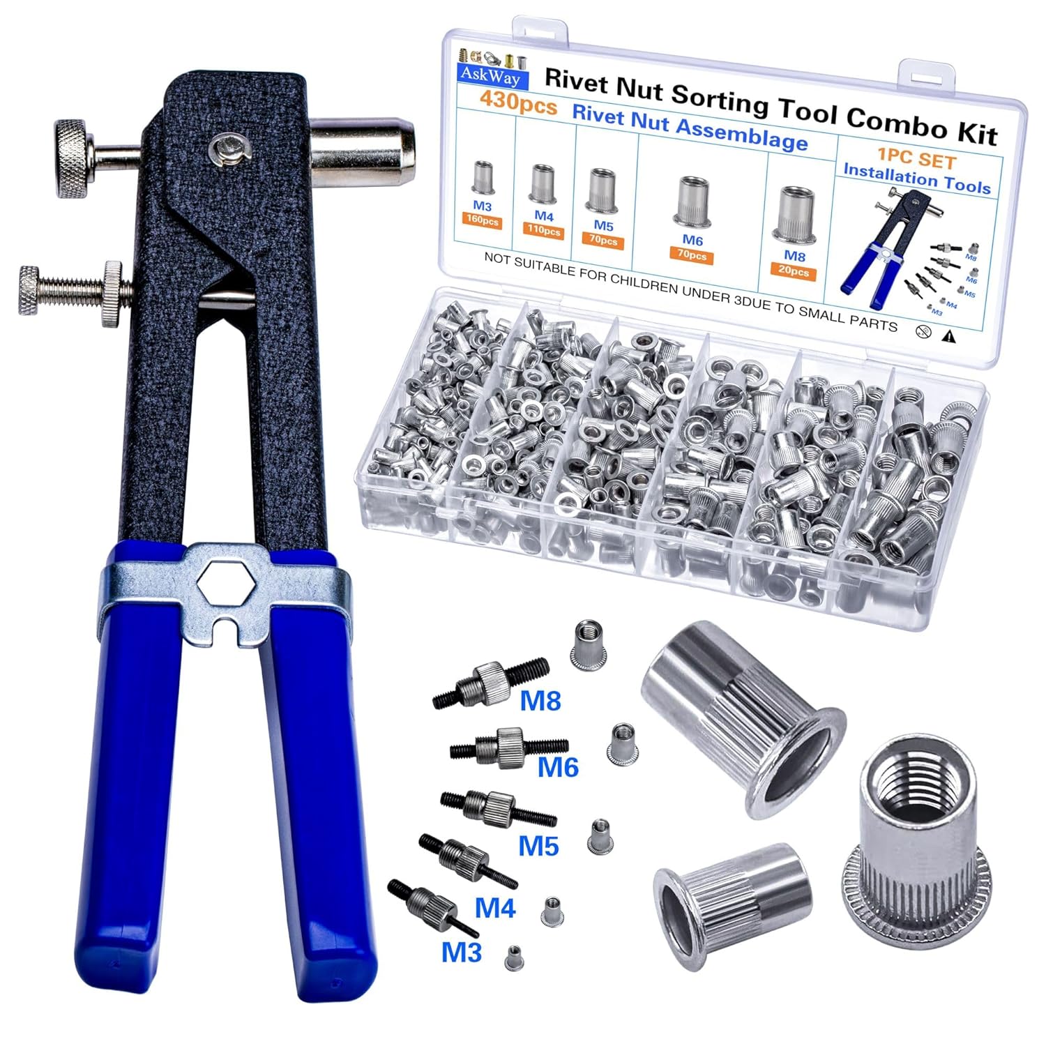 ASKWAY, BRAND, CATEGORY, RIVET NUTS, Pressure Rivet Nut Tool Kit, 430Pcs Metric Rivet Nut Combination (M8/M6/M5/M4/M3), Suitable for Furniture, Decoration, Automotive, Marine and Industrial Applications