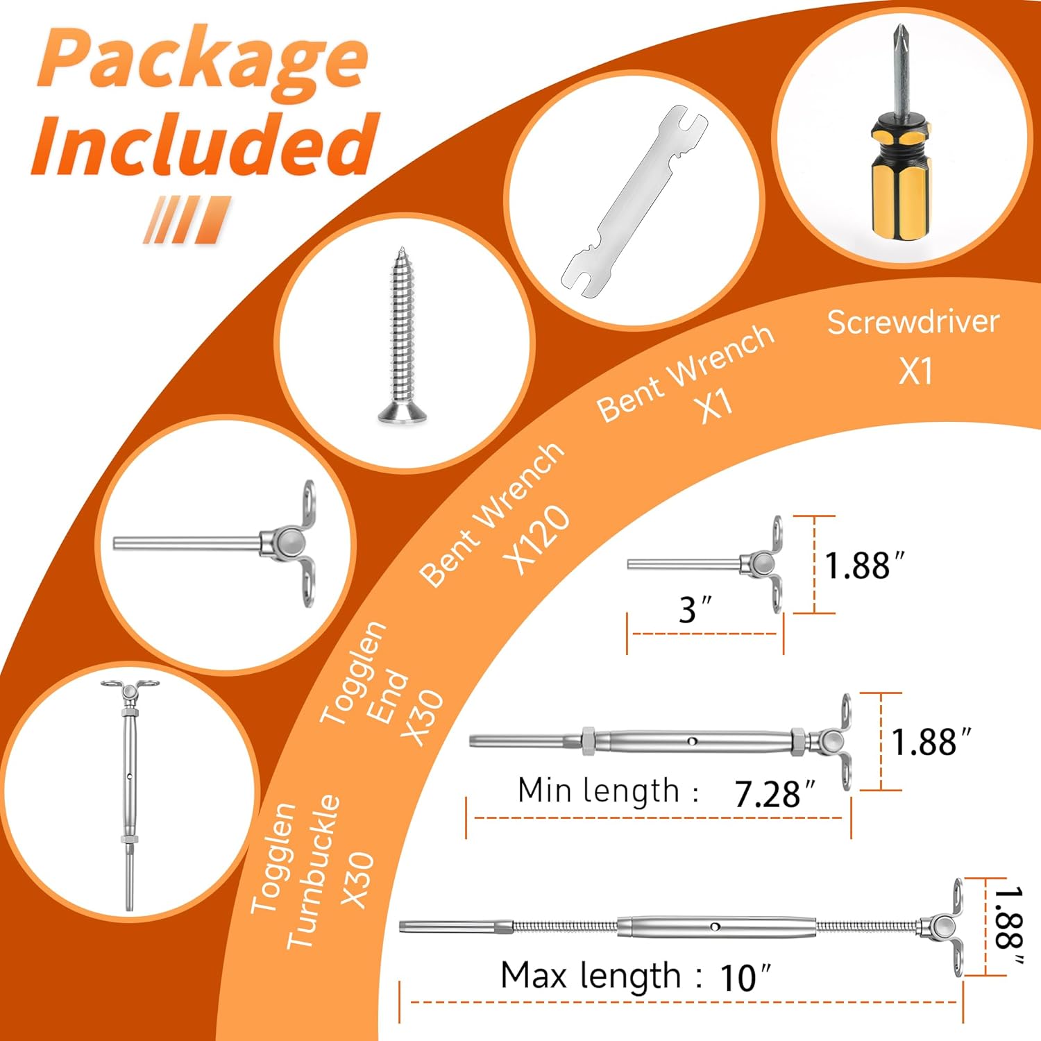 BRAND, CATEGORY, RAILINGS, RENGUE, Rengue 30 Pairs T316 Stainless Steel Adjustable Angle Cable Railing Hardware Kit Fit 1/8” Stainless Steel Wire Rope Cable, Marine Grade Adjustable Toggle Turnbuckles & End Fitting