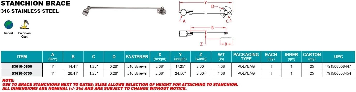 BRAND, CATEGORY, DECK HARDWARE, SUNCOR, Stainless Marine Stanchion Brace, for 30" Stanchion, 316SS