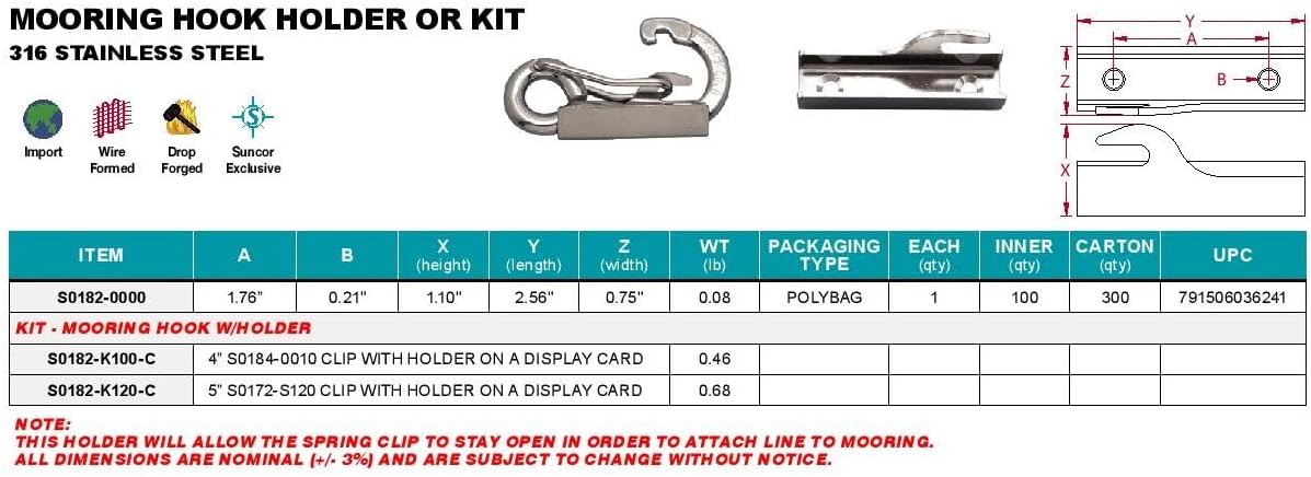 BRAND, CATEGORY, DECK HARDWARE, SUNCOR, Stainless Mooring Hook KIT Includes Holder + 5" Clip 316 SS