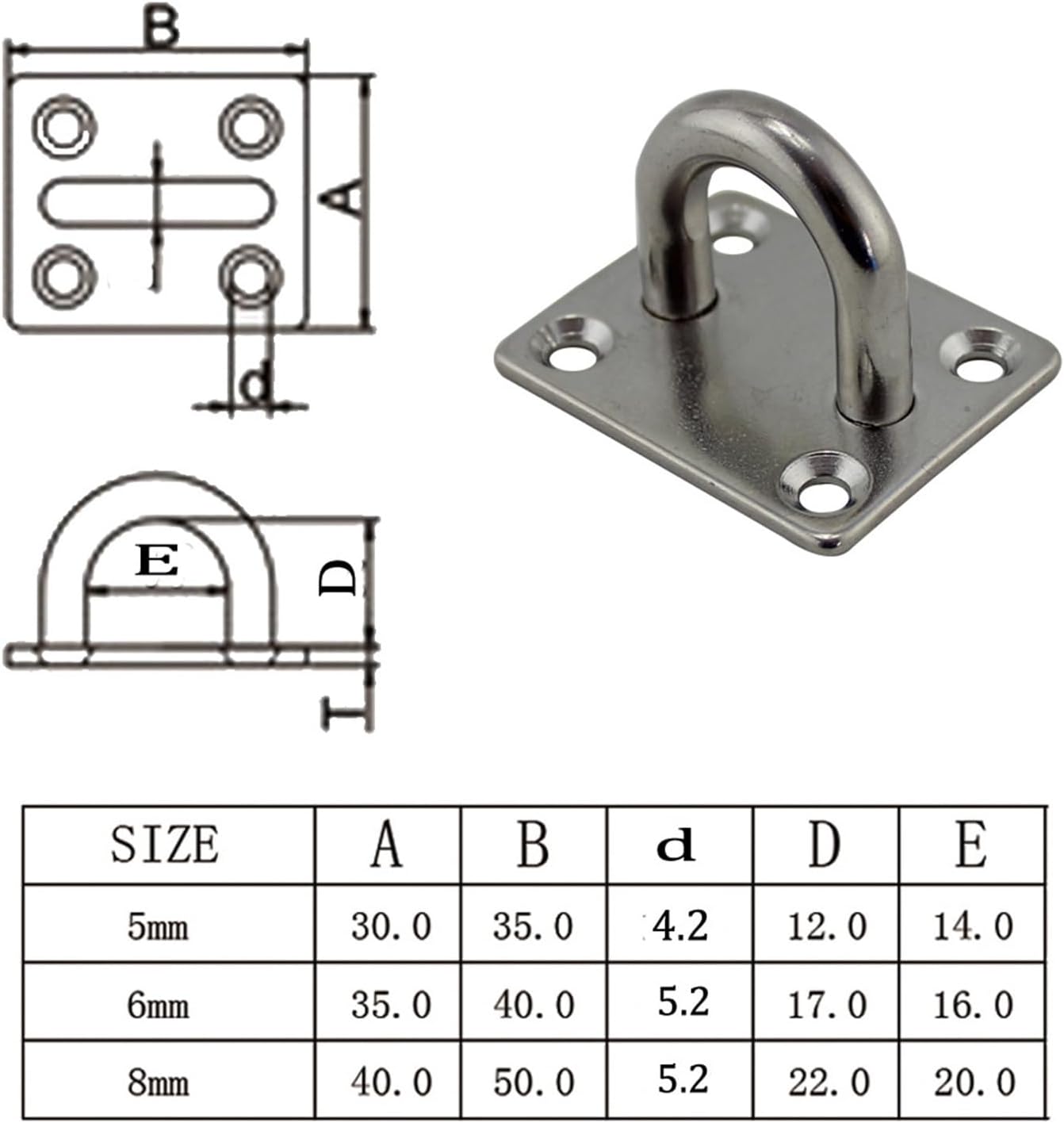 BRAND, CATEGORY, EYEBOLTS, MBELLO, Stainless Steel Ceiling Hooks,1pc 316 Stainless Steel 5mm Square Pad Eye Plate Hook Ceiling Wall Boating Yacht Marine Hardwares