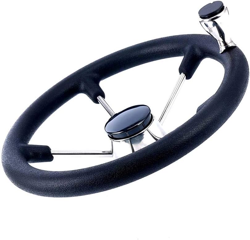 BRAND, CATEGORY, CREDSTAR, STEERING WHEELS, Stainless Steel Destroyer Steering Wheel,With 5 Spoke Boat Marine Black PU Foam 13-1/2 Inch