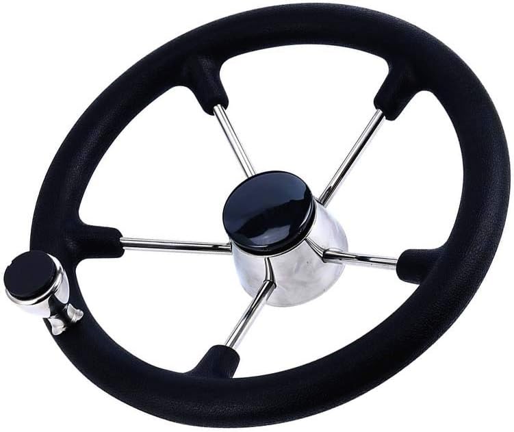 BRAND, CATEGORY, CREDSTAR, STEERING WHEELS, Stainless Steel Destroyer Steering Wheel,With 5 Spoke Boat Marine Black PU Foam 13-1/2 Inch