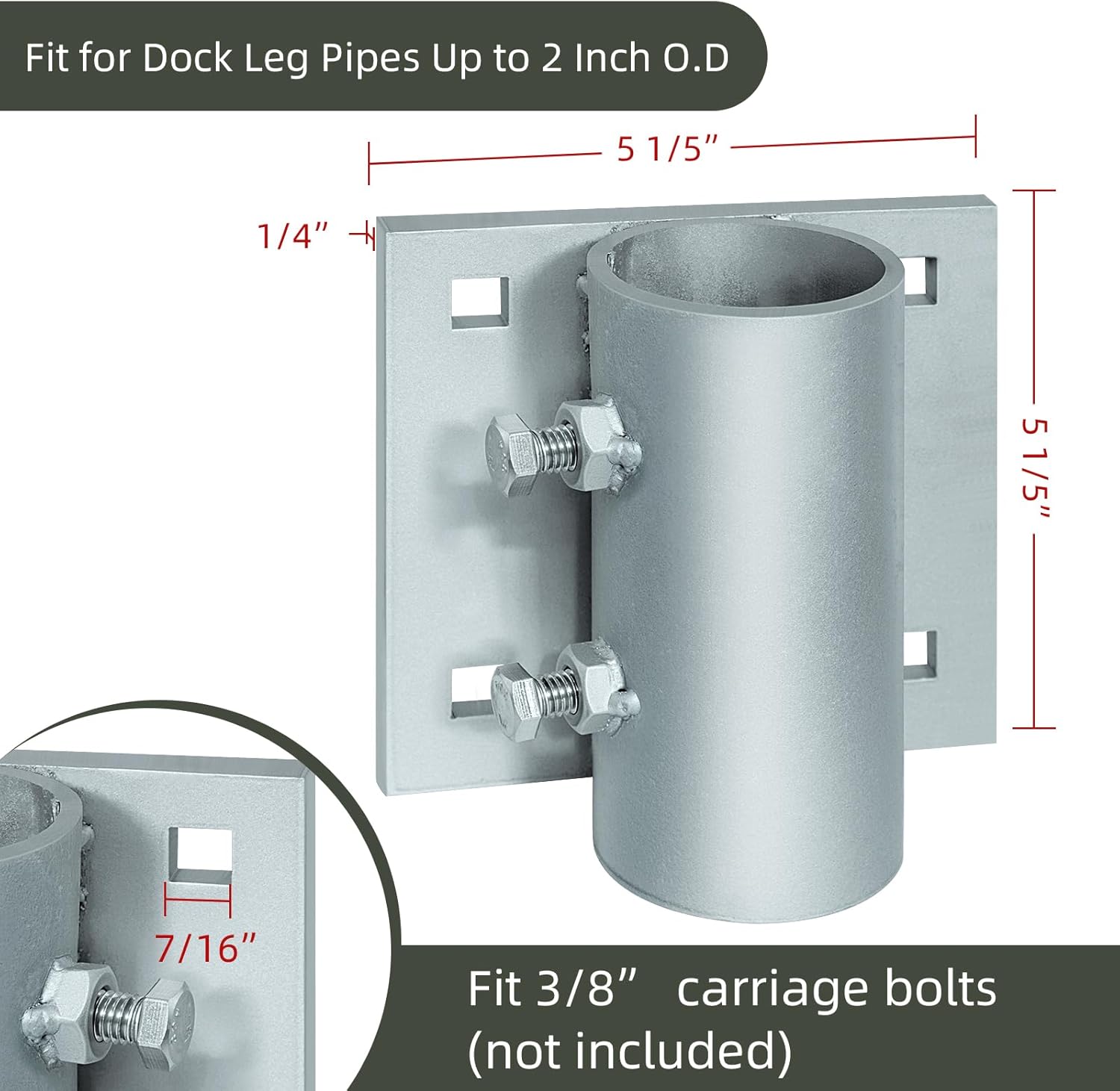 BRAND, CATEGORY, DOCK GUARDS, JYINCPED, Stationary Dock Heavy Duty Hardware Side Leg Pipe Holder,Galvanized Hardware for Floating Dock Edging,Boat Dock Pipe Brackets Sleeve Holder for Dock Pole Post,7/16" Holes for 3/8" Carriage Bolts