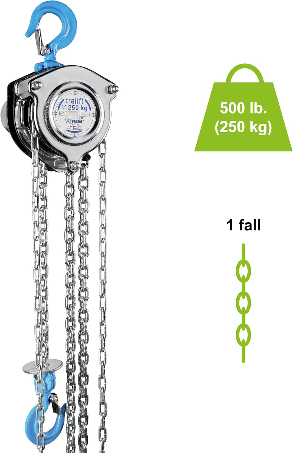 BRAND, CATEGORY, HOISTS, TRACTEL, Tractel Manual Chain Hoist | 1/2 Ton - 1000 lbs Capacity | 10 ft Steel Chain | Industrial-Grade Steel for Construction, Workshops, Garages | Tralift 19709