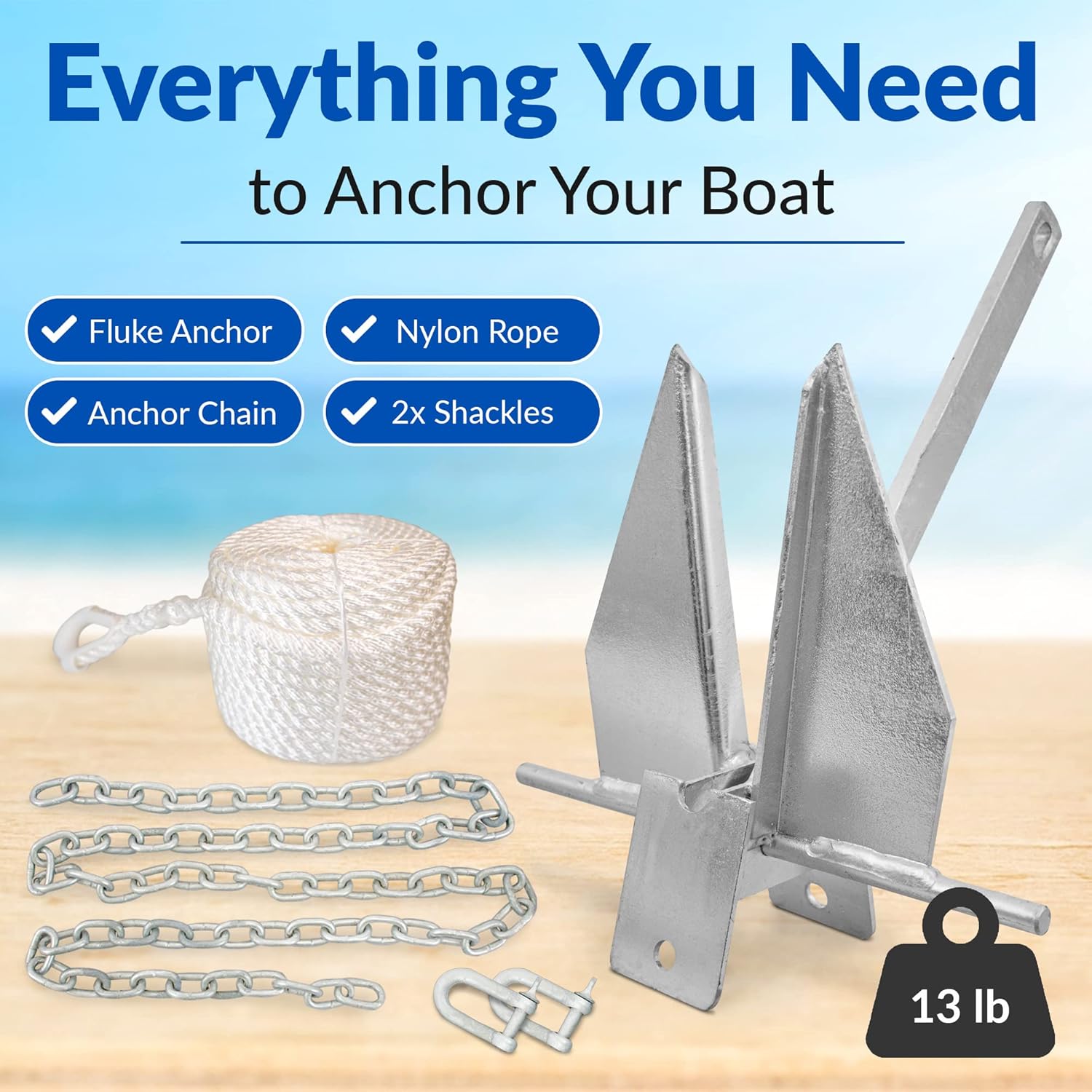 ANCHORS, BRAND, CATEGORY, WINDRIDER, WindRider Heavy Boat Anchor Kit Fluke Anchor with Anchor Chain and Boat Anchor Rope Set for Including Boat Anchors for Different Size Boats Pontoon